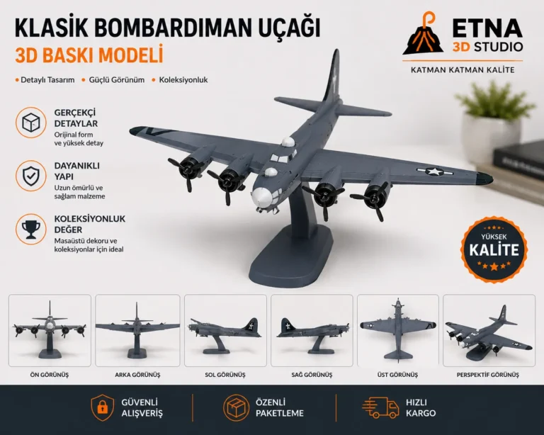 Klasik Bombardıman Uçağı 3D Baskı Dekoratif Model ve Stand